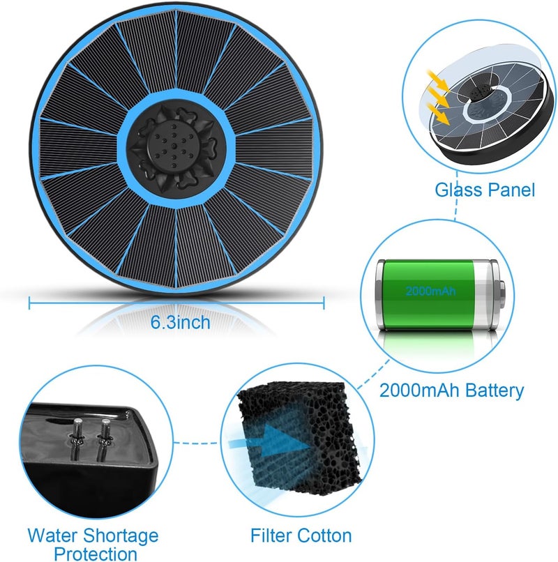 Yzert Solar Fountain with 2000 mAh Battery Backup Works in Cloudy, Glass Solar Powered Bird Bath Fountains with 7 Nozzles, 3.5 W Solar Fountain Pump for Birdbath,Garden, Outdoor, Pond (Blue) - Image 4